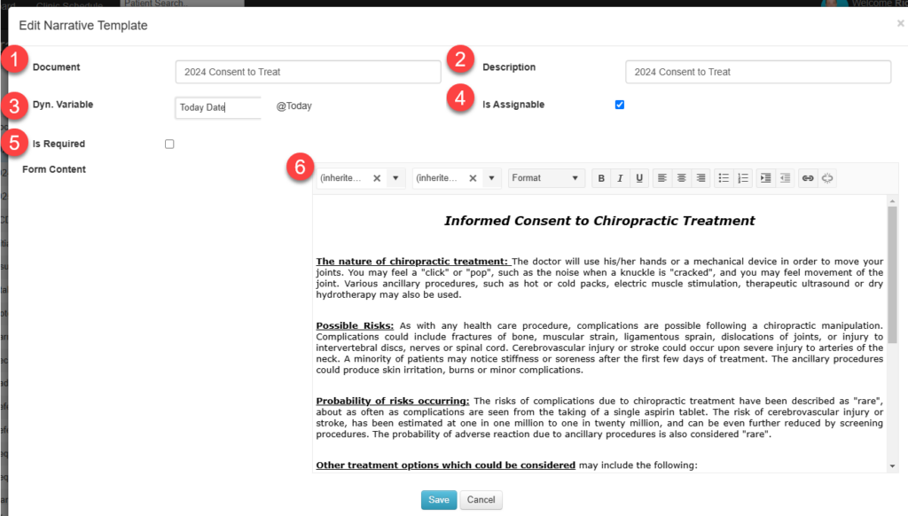 Edit NArrative templates. Document name, Dynamic variable library, is assignable, is required, Cornten of form